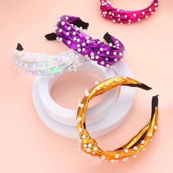 Mustard Yellow Pearl Knot Headband Hair Bling Jeweled Cute Fashion Accessory - Picture 2 of 2